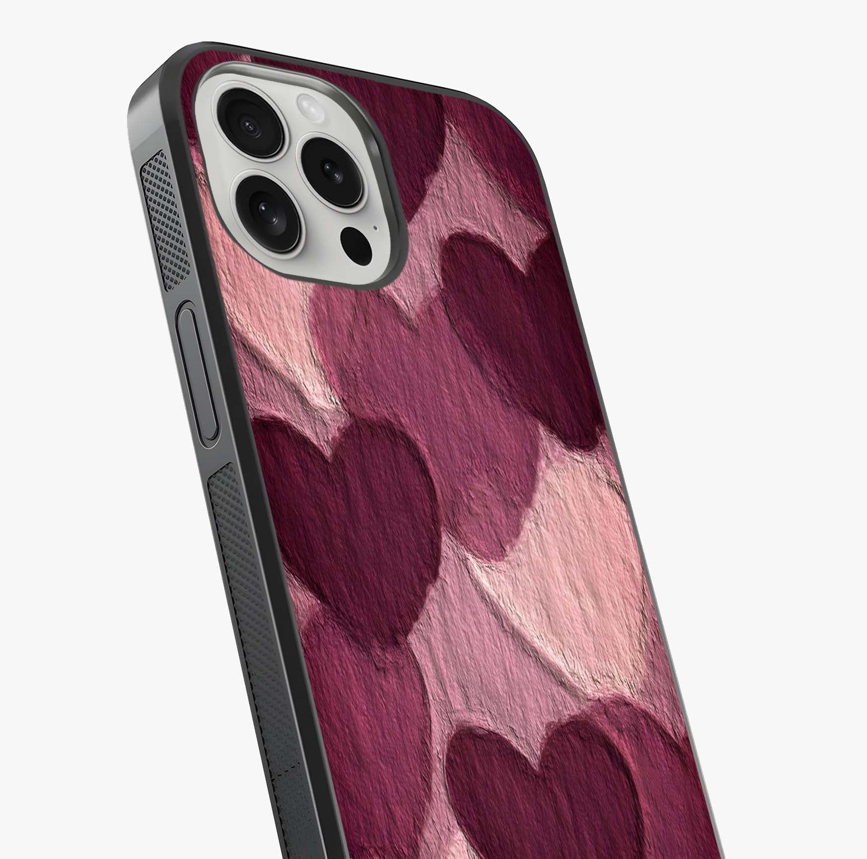 Layered Paper Hearts Glass Case captured at a warm angle highlighting gloss, texture and premium glass finish.