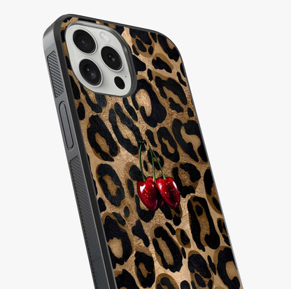 Leopard Wild Cherry Glass Case captured at a warm angle highlighting gloss, texture and premium glass finish.