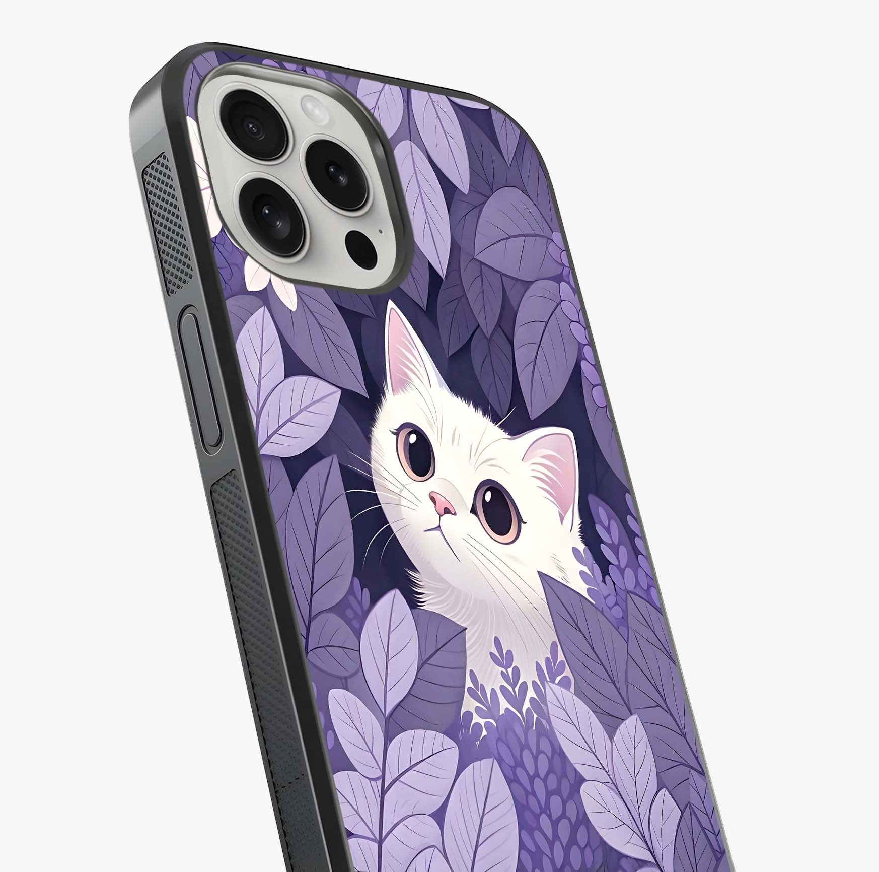 Lilac Hide Peek Cat Glass Case captured at a warm angle highlighting gloss, texture and premium glass finish.