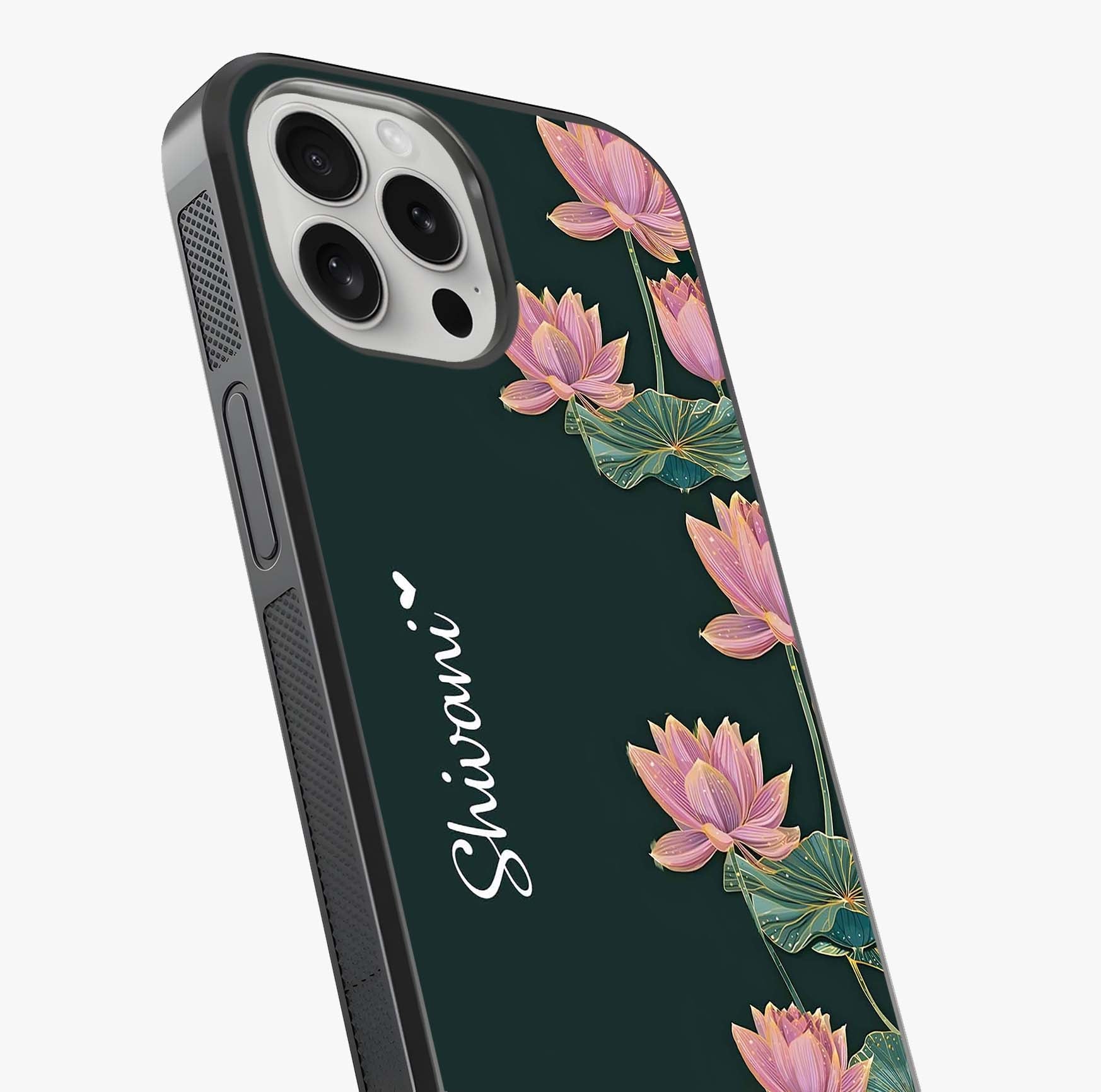 Lotus Bloom Serenity Custom Name Glass Case captured at a warm angle highlighting gloss, texture and premium glass finish.