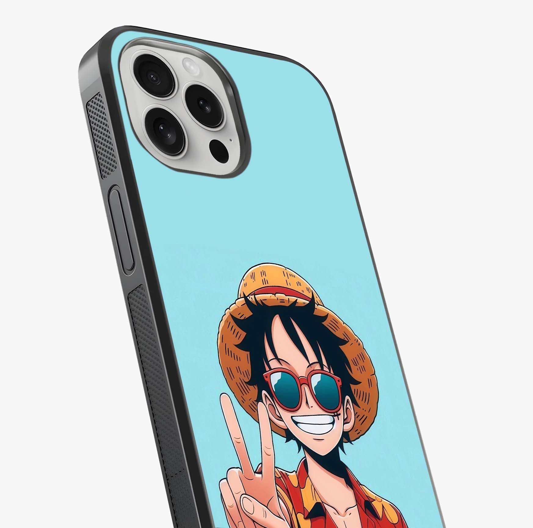 Luffy Summer Anime Vibe Glass Case captured at a warm angle highlighting gloss, texture and premium glass finish.