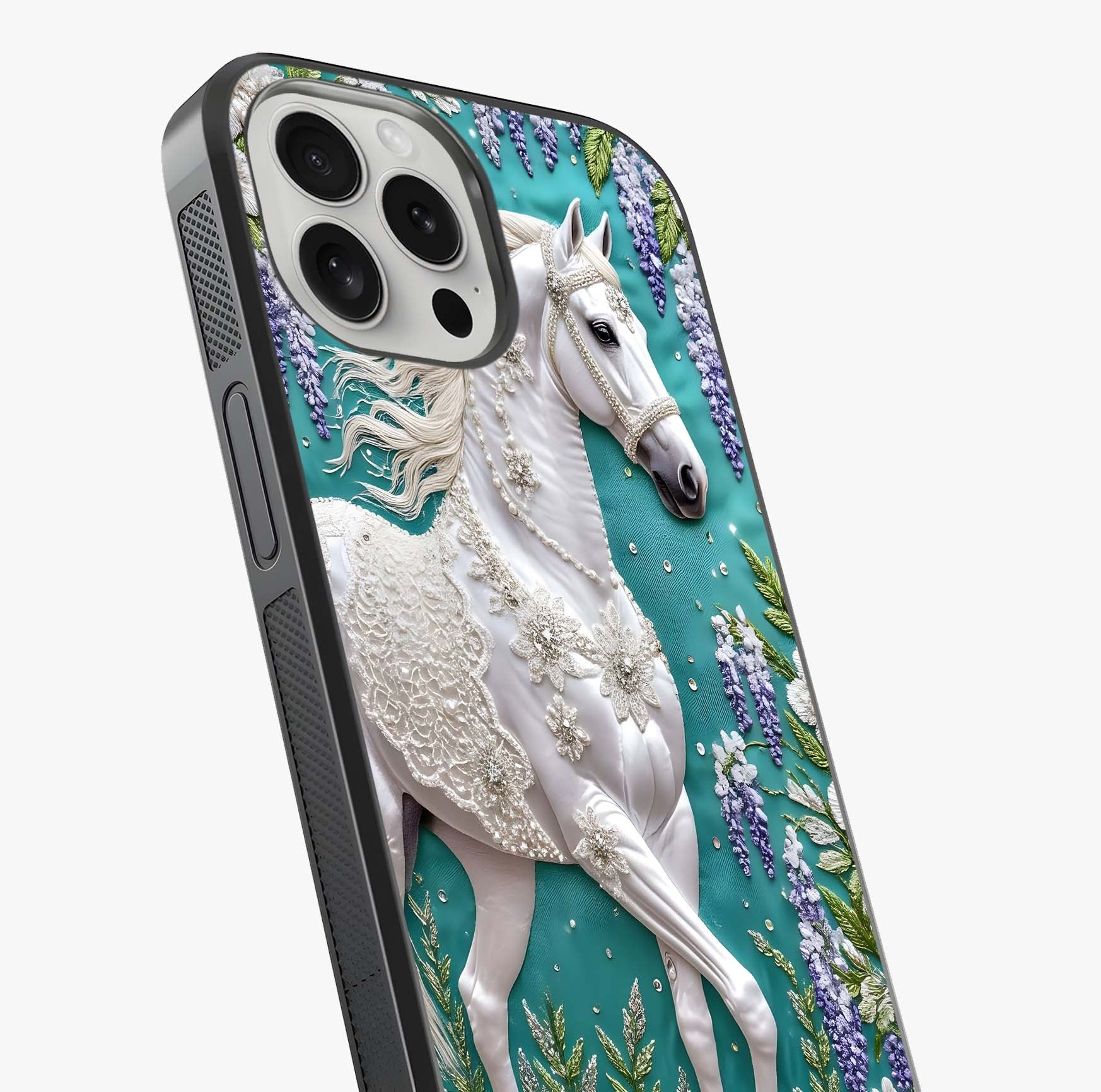 Majestic Floral Stallion Glass Case captured at a warm angle highlighting gloss, texture and premium glass finish.