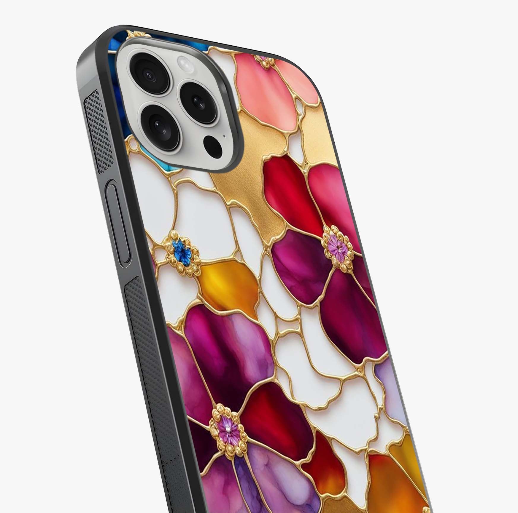 Marble Flower Pattern Glass Case captured at a warm angle highlighting gloss, texture and premium glass finish.
