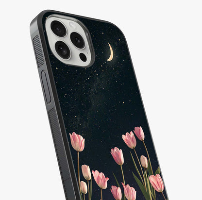 Midnight Tulip Whispers Vibe Glass Case captured at a warm angle highlighting gloss, texture and premium glass finish.