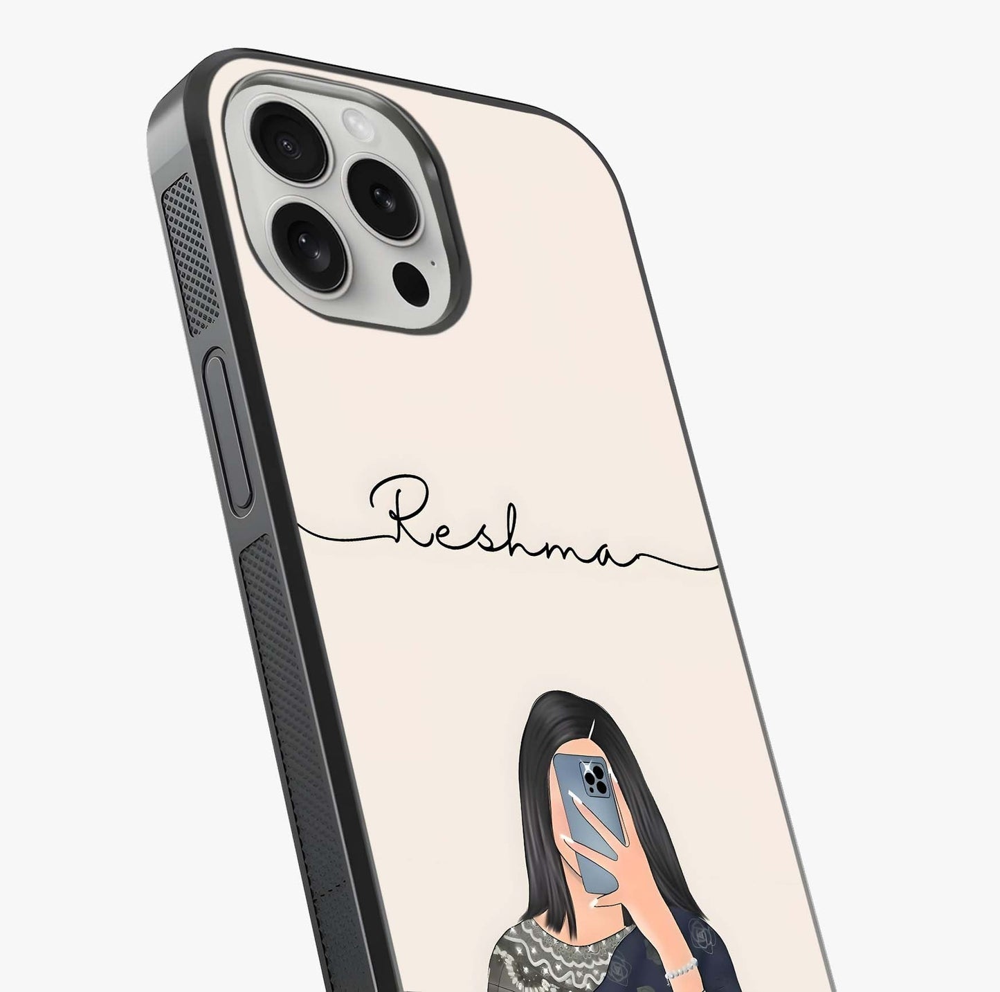 Mirror Mood Muse With Custom Name Glass Case captured at a warm angle highlighting gloss, texture and premium glass finish.