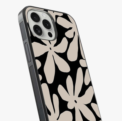 Monochrome Petal Dance Glass Case captured at a warm angle highlighting gloss, texture and premium glass finish.