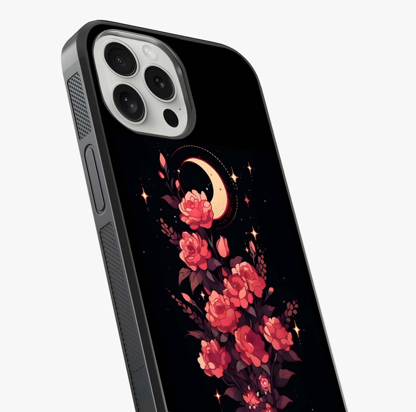Moonlit Floral Elegance Glass Case captured at a warm angle highlighting gloss, texture and premium glass finish.