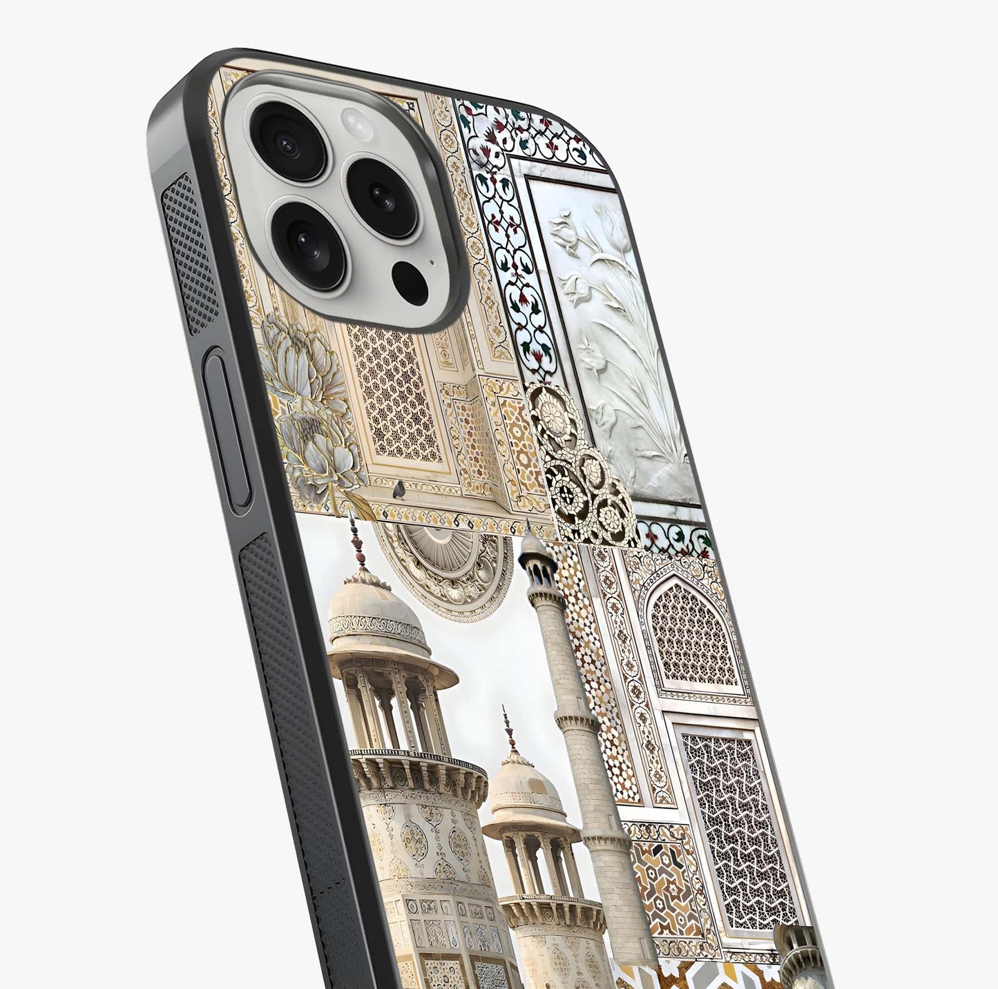 Mughal Marble Legacy Glass Case captured at a warm angle highlighting gloss, texture and premium glass finish.