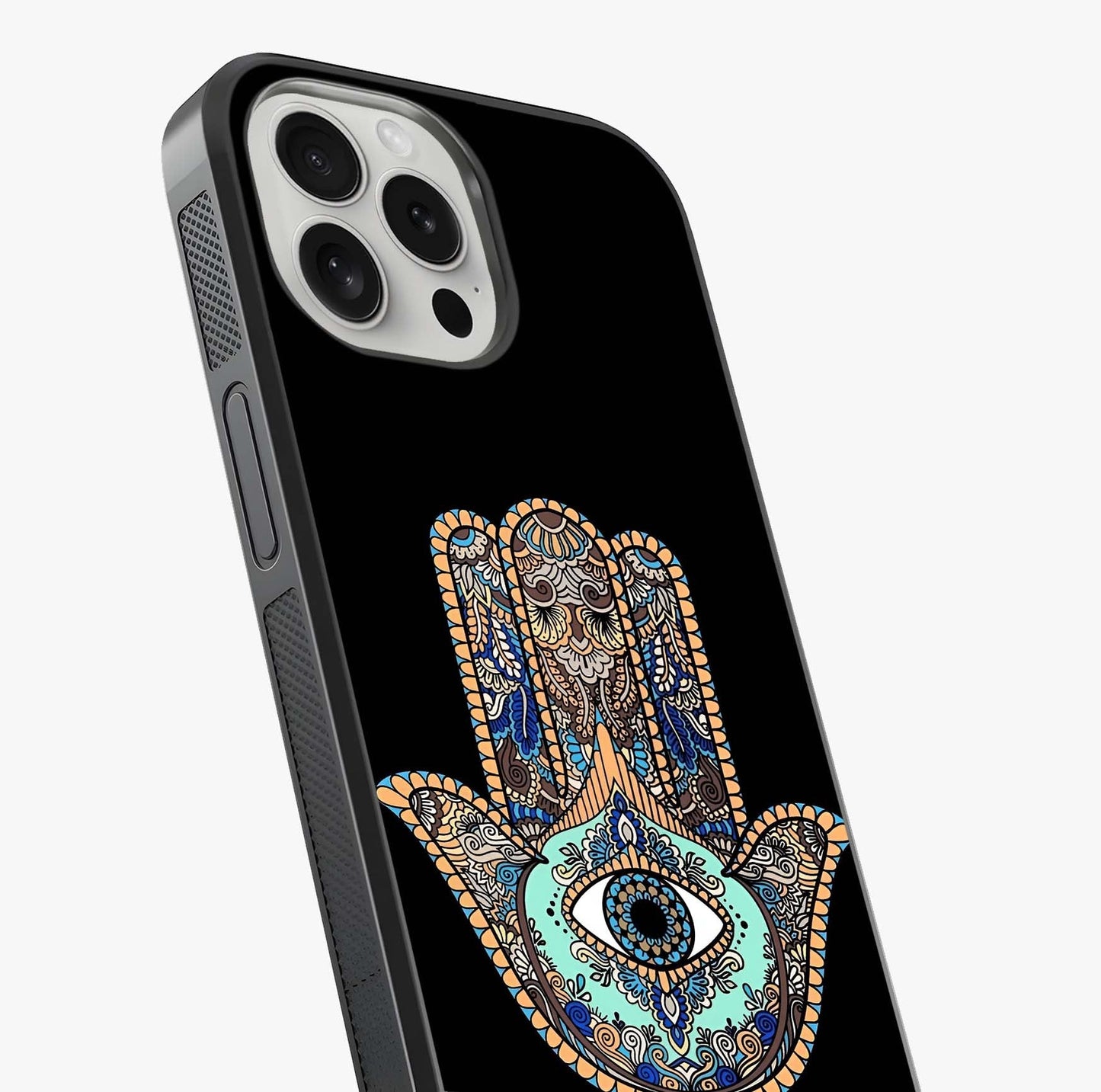 Mystic Hamsa Eye Glass Case captured at a warm angle highlighting gloss, texture and premium glass finish.