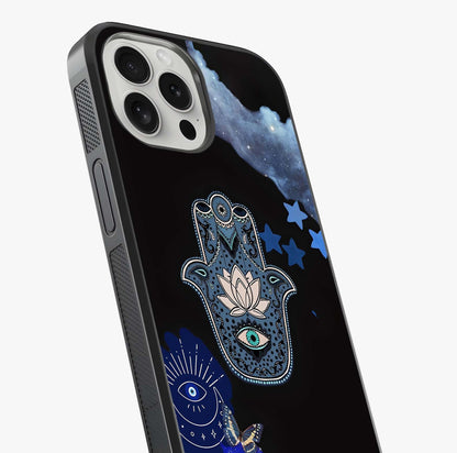 Mystic Hand Aura Glass Case captured at a warm angle highlighting gloss, texture and premium glass finish.