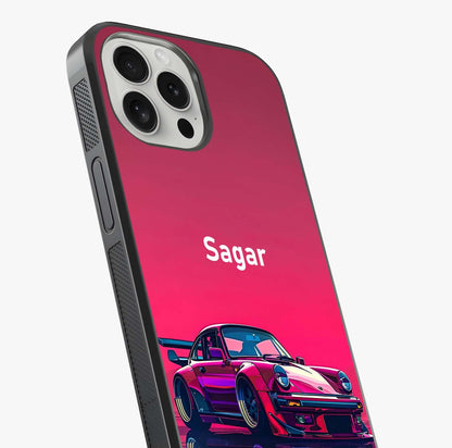 Neon Pink Porsche Glass Case captured at a warm angle highlighting gloss, texture and premium glass finish.