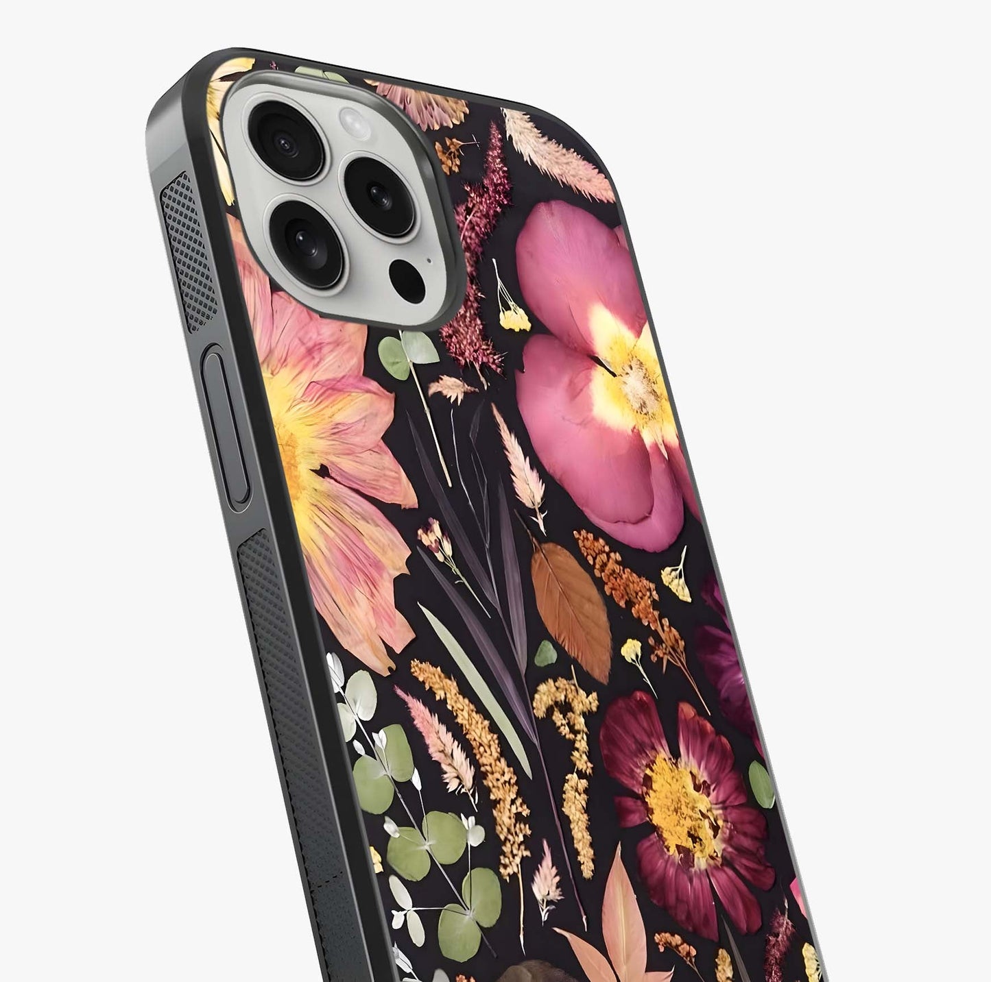 Petal Dream Tapestry Glass Case captured at a warm angle highlighting gloss, texture and premium glass finish.