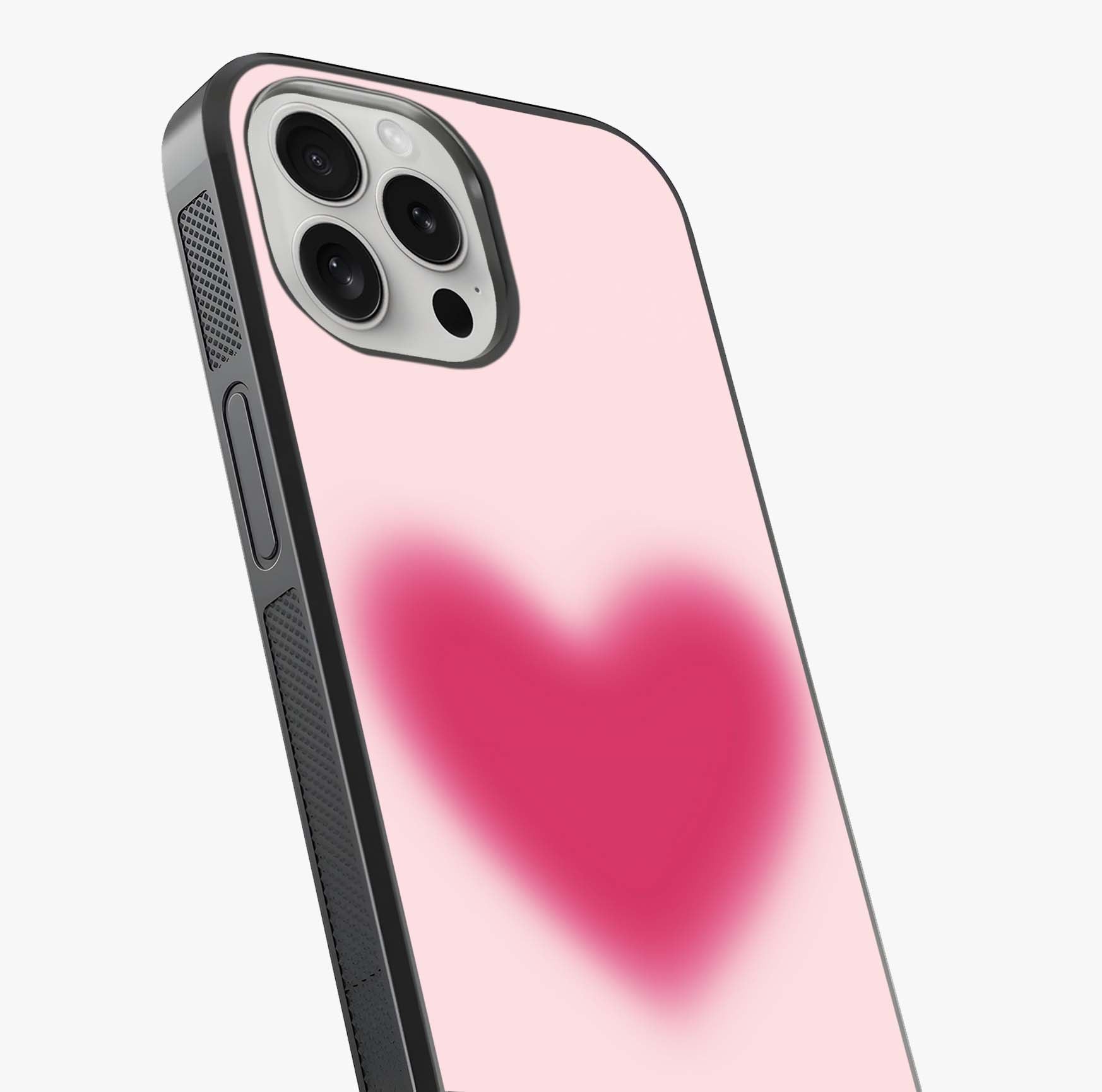 Pink Aura Heart Glass Case captured at a warm angle highlighting gloss, texture and premium glass finish.