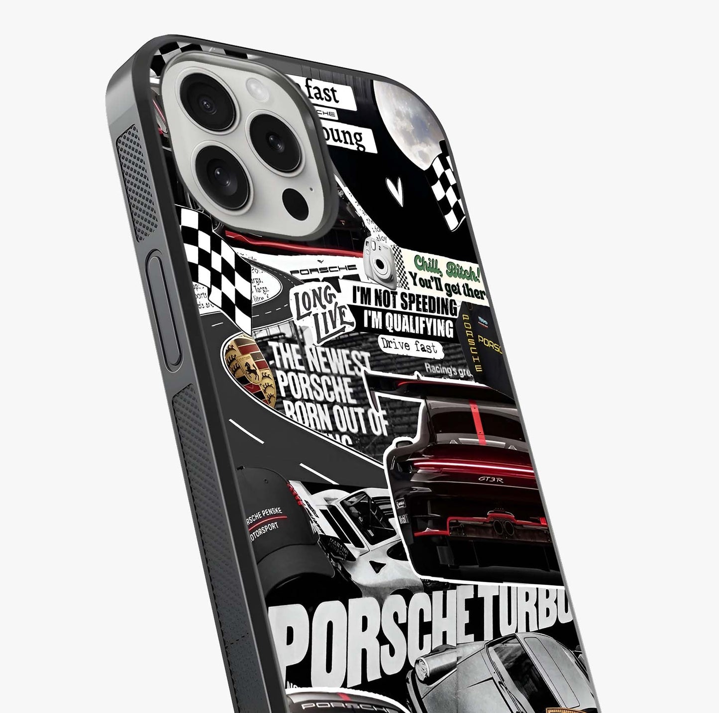 Porsche Racing Collage Glass Case captured at a warm angle highlighting gloss, texture and premium glass finish.