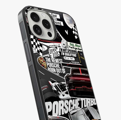 Porsche Racing Collage Glass Case captured at a warm angle highlighting gloss, texture and premium glass finish.
