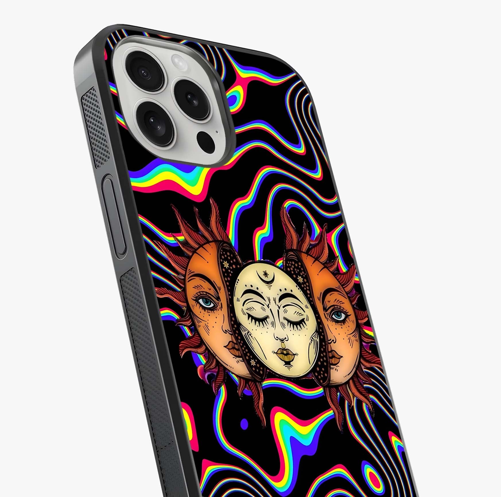 Psychedelic Sun Glass Case captured at a warm angle highlighting gloss, texture and premium glass finish.