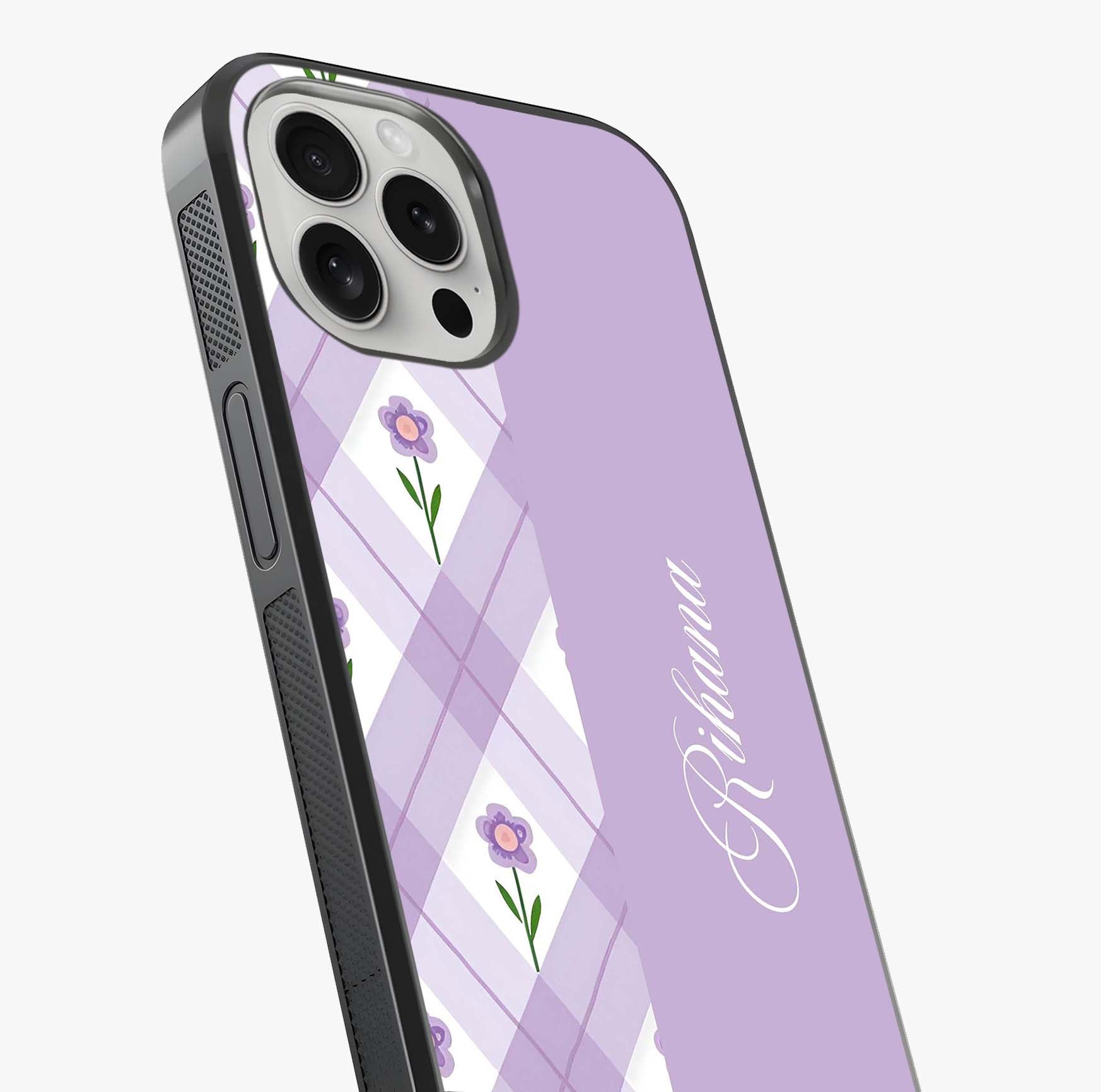 Purple Diamond Floral Glass Case captured at a warm angle highlighting gloss, texture and premium glass finish.
