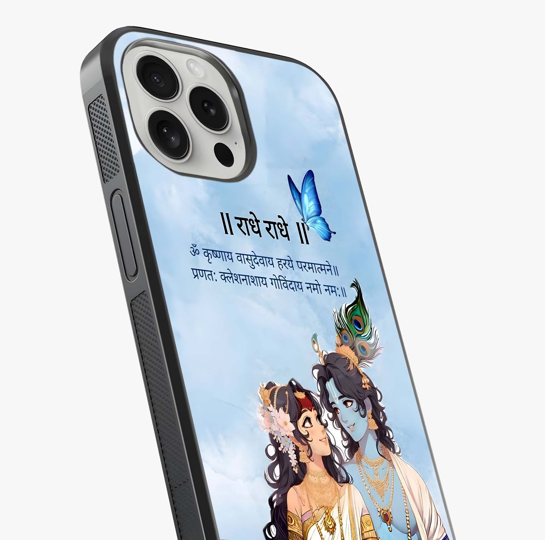 Radha Krishna Eternal Glass Case captured at a warm angle highlighting gloss, texture and premium glass finish.