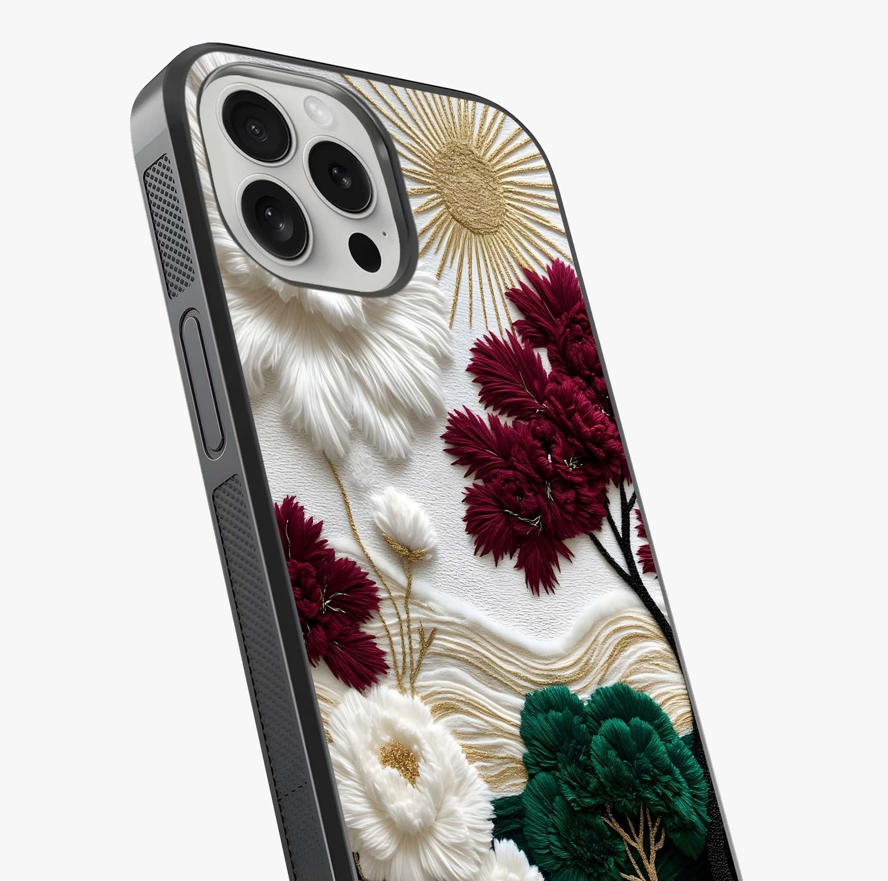 Radiant Bloom Elegance Glass Case captured at a warm angle highlighting gloss, texture and premium glass finish.