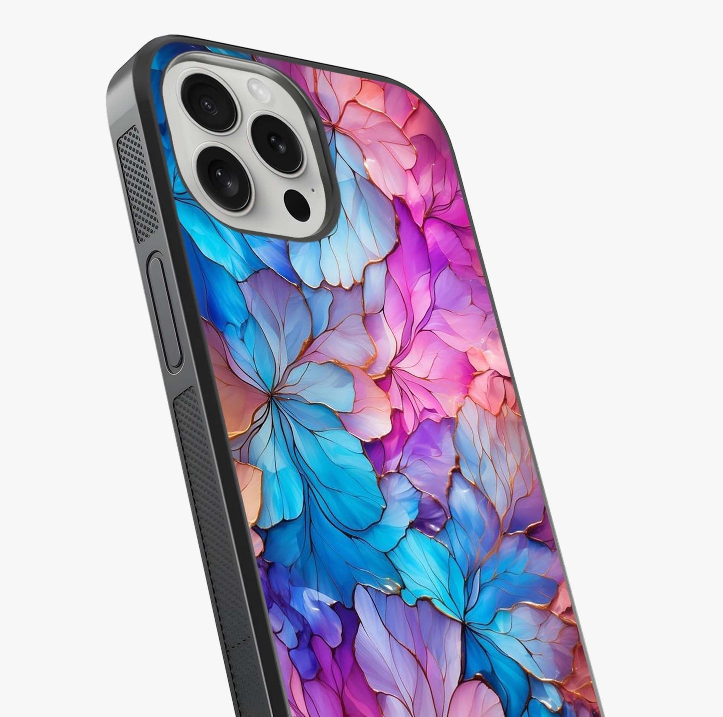 Radiant Floral Whirl Glass Case captured at a warm angle highlighting gloss, texture and premium glass finish.