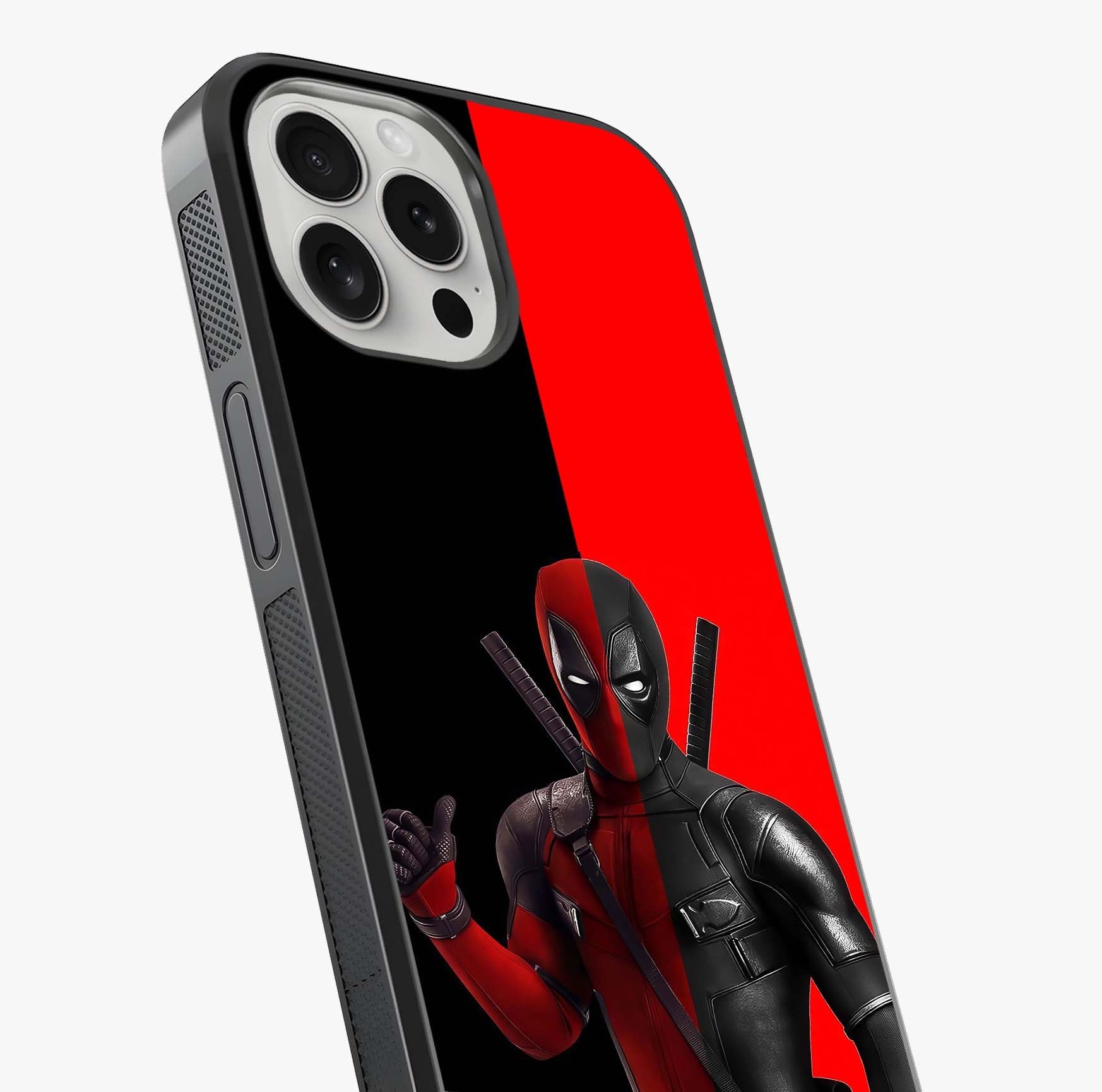 Red & Black Deadpool Theme Glass Case captured at a warm angle highlighting gloss, texture and premium glass finish.