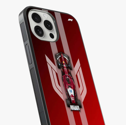 Red Ferrari F1 Vertical Glass Case captured at a warm angle highlighting gloss, texture and premium glass finish.