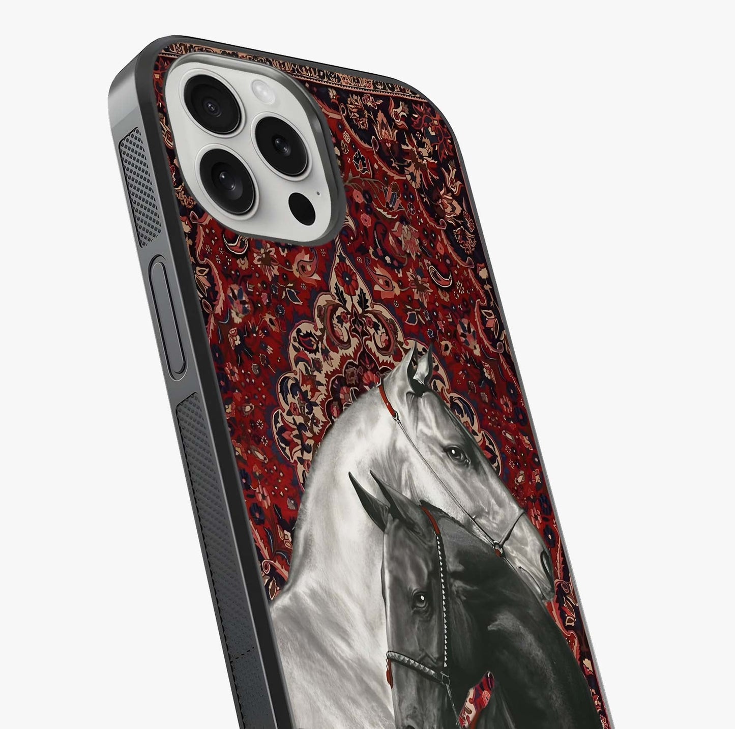 Regal Stallion Tapestry Glass Case captured at a warm angle highlighting gloss, texture and premium glass finish.