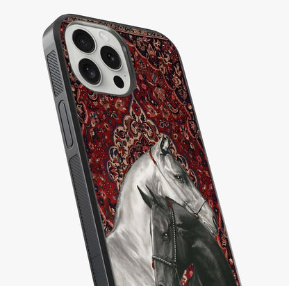 Regal Stallion Tapestry Glass Case captured at a warm angle highlighting gloss, texture and premium glass finish.