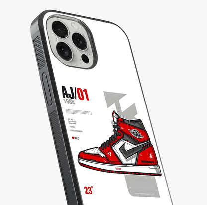 Retro Sneaker Blueprint Glass Case captured at a warm angle highlighting gloss, texture and premium glass finish.