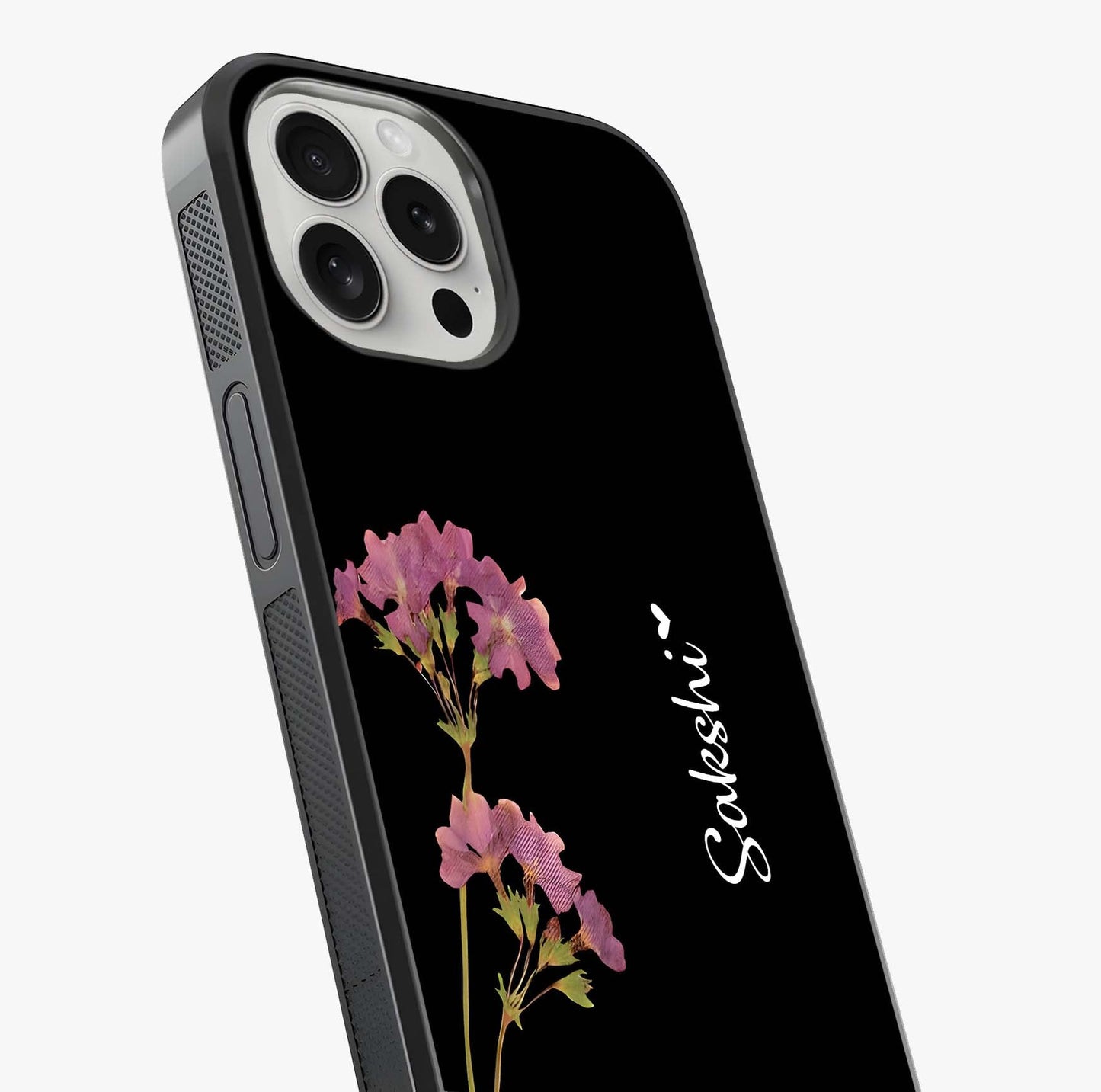 Riching Lavender Flower Custom Name Glass Case captured at a warm angle highlighting gloss, texture and premium glass finish.