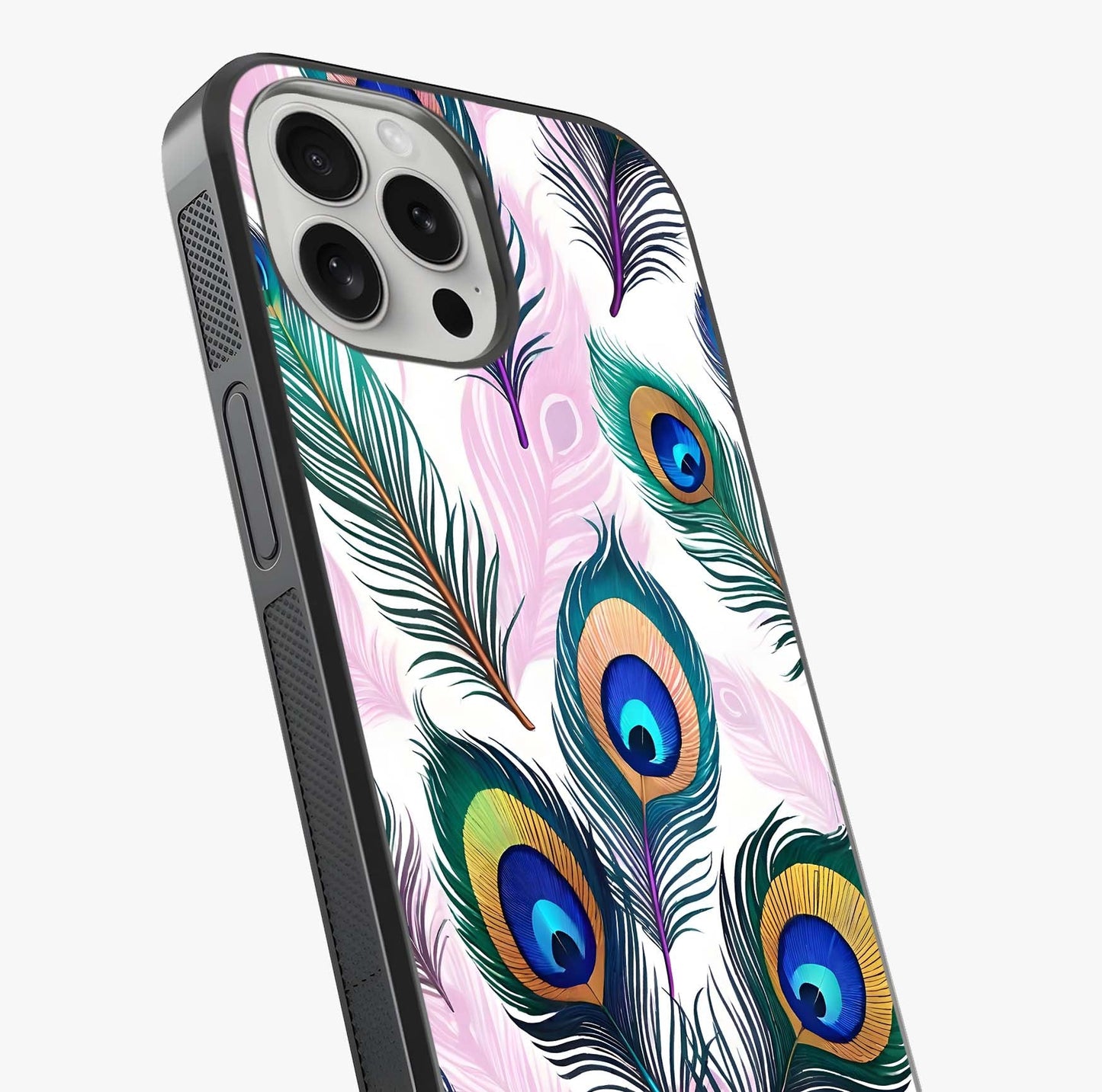 Royal Peacock Feathers Glass Case captured at a warm angle highlighting gloss, texture and premium glass finish.