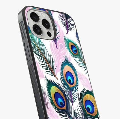 Royal Peacock Feathers Glass Case captured at a warm angle highlighting gloss, texture and premium glass finish.