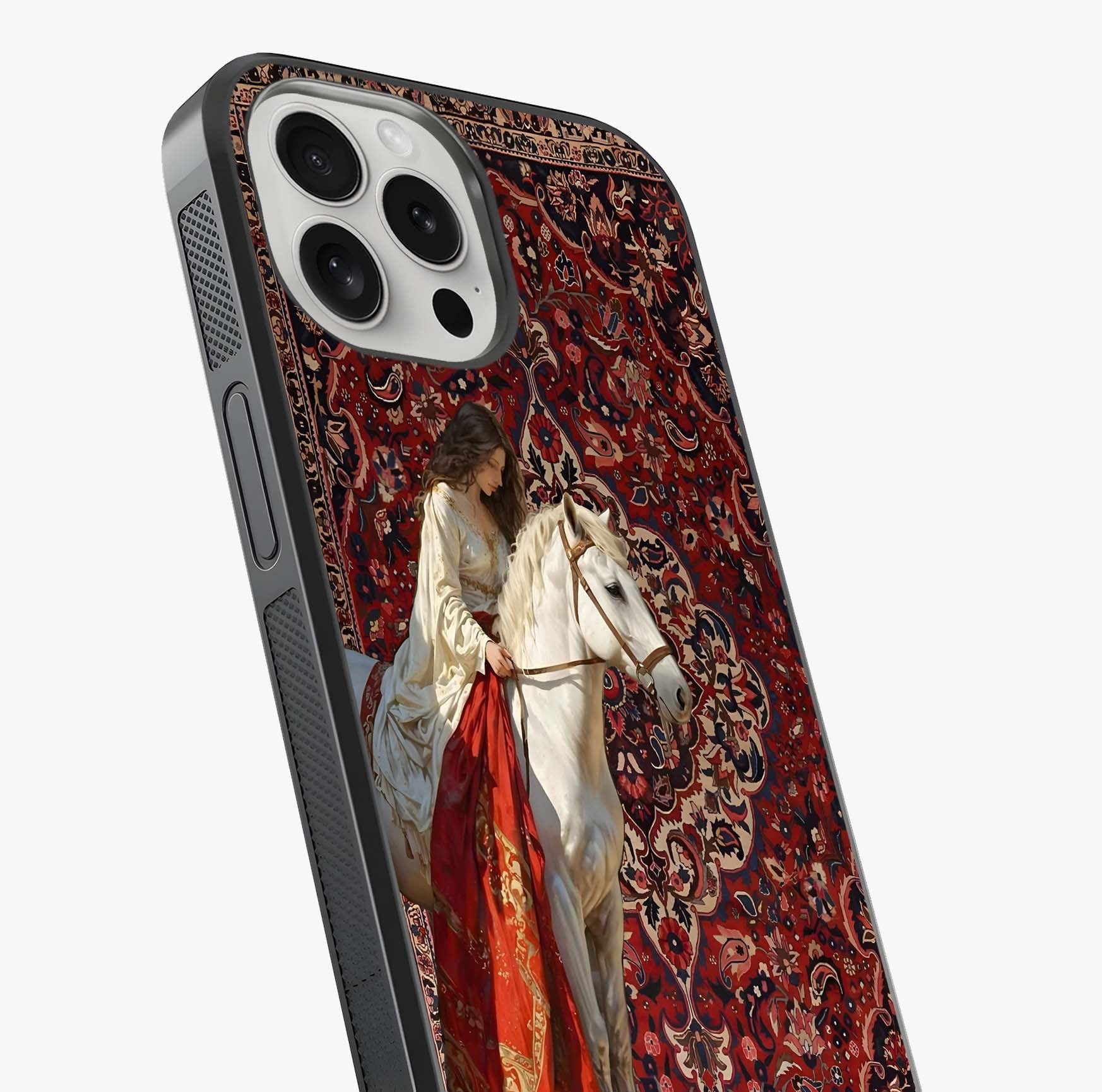 Royal Rider Tapestry Glass Case captured at a warm angle highlighting gloss, texture and premium glass finish.