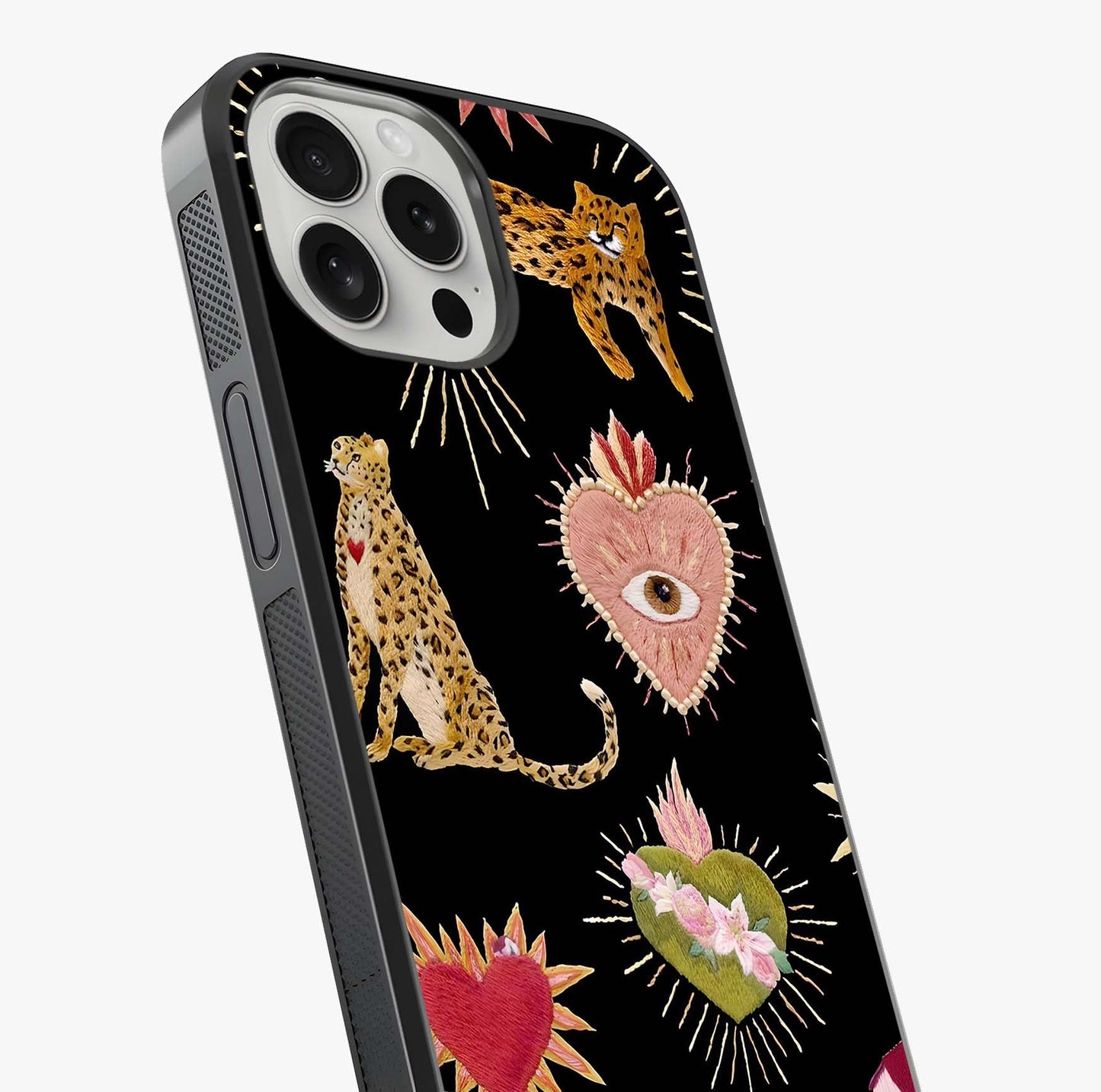 Sacred Jungle Heart Glass Case captured at a warm angle highlighting gloss, texture and premium glass finish.