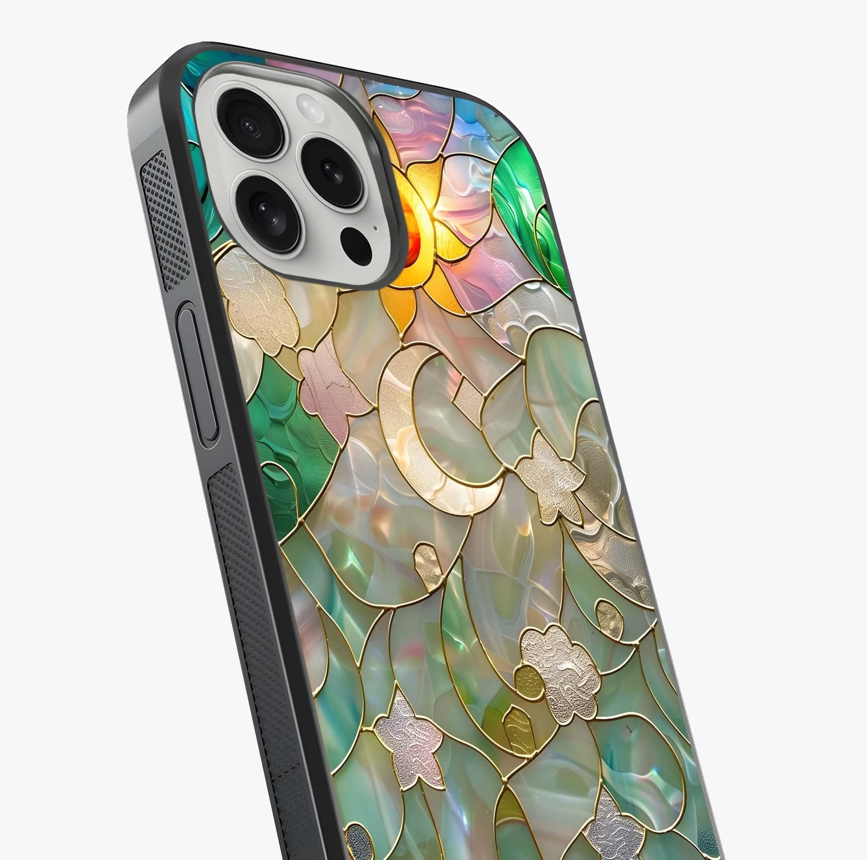 Stained Sunrise Glow Glass Case captured at a warm angle highlighting gloss, texture and premium glass finish.