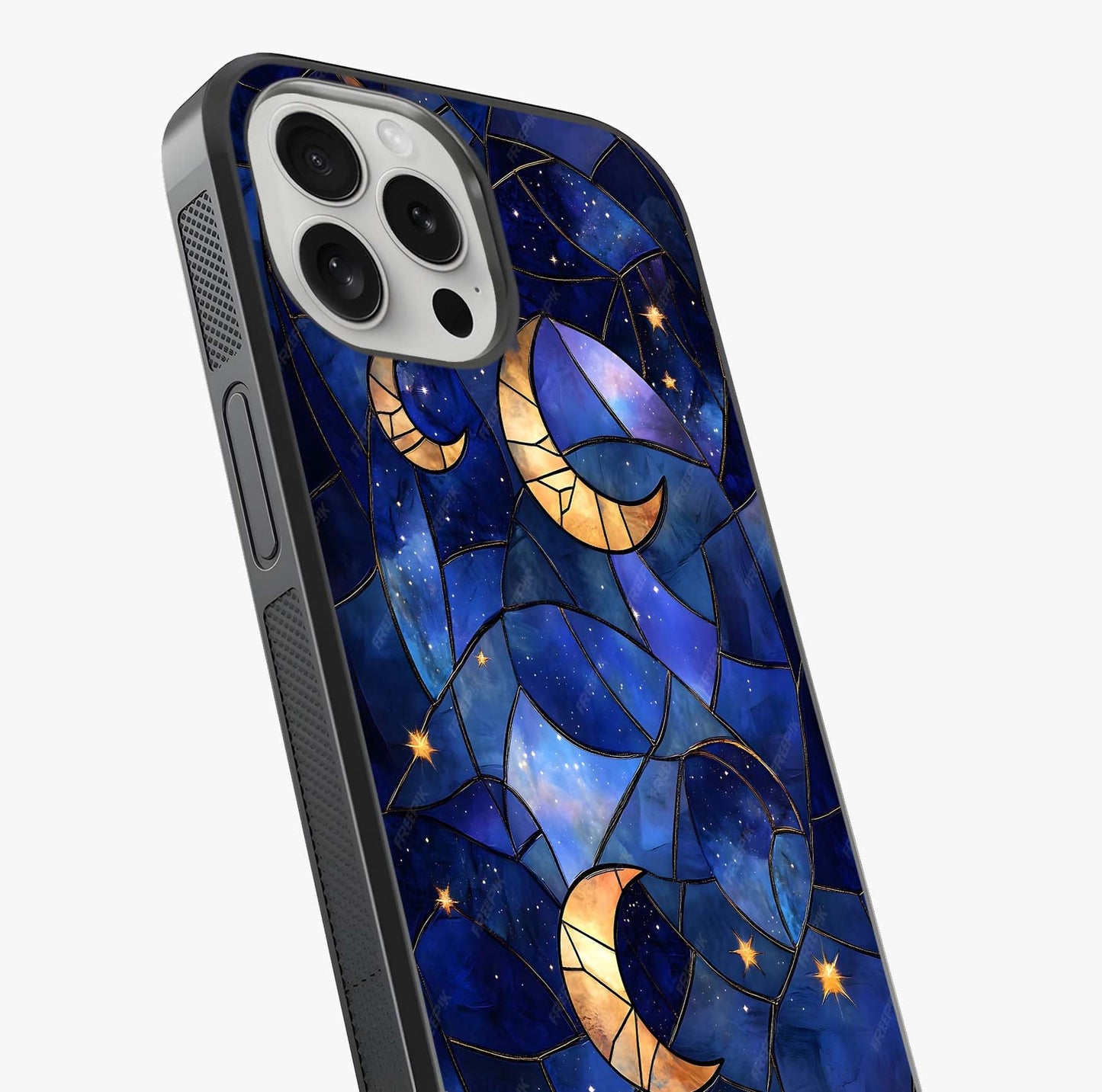 Starlit Sky Tapestry Glass Case captured at a warm angle highlighting gloss, texture and premium glass finish.