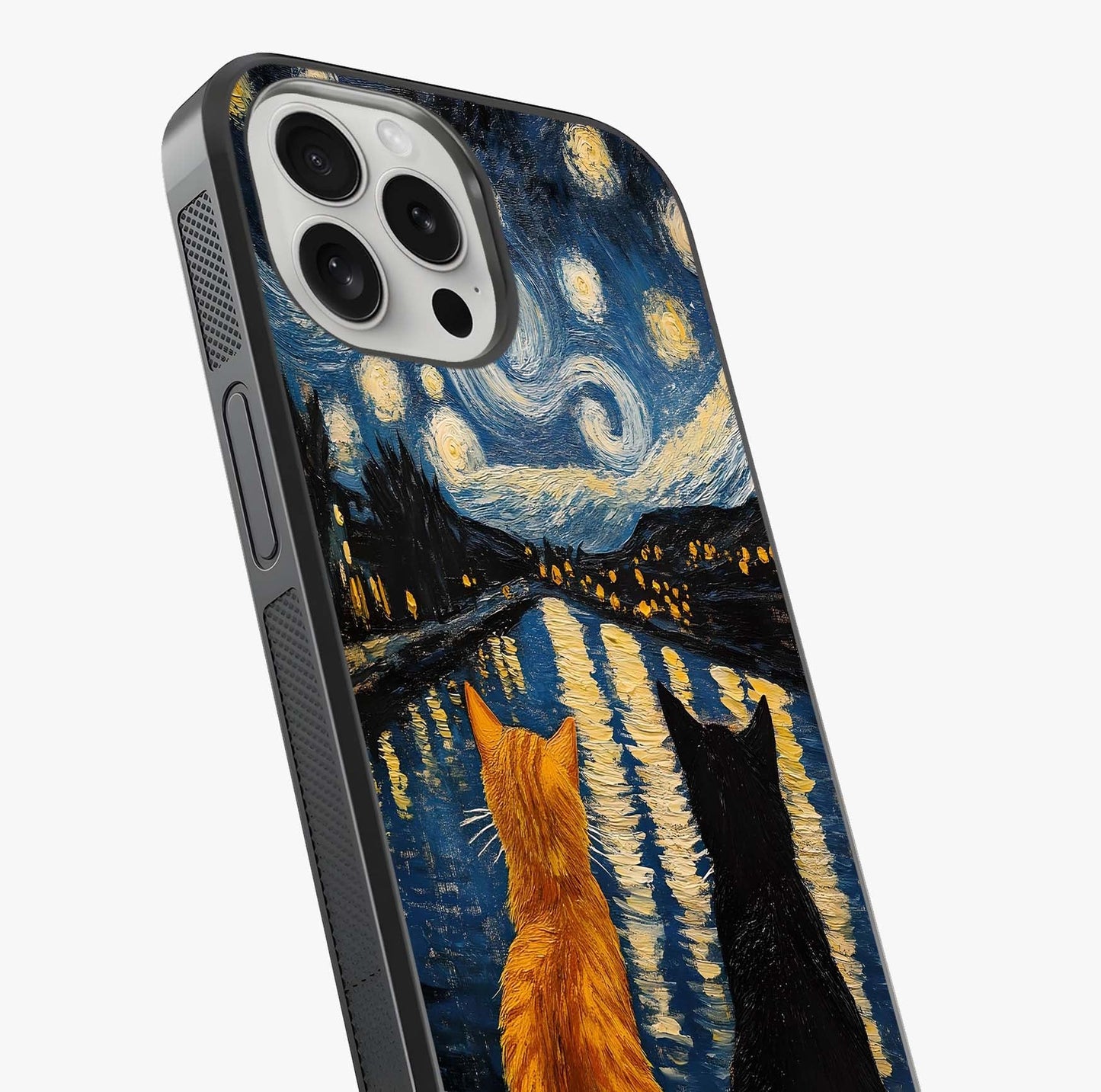 Starry River Cats Glass Case captured at a warm angle highlighting gloss, texture and premium glass finish.