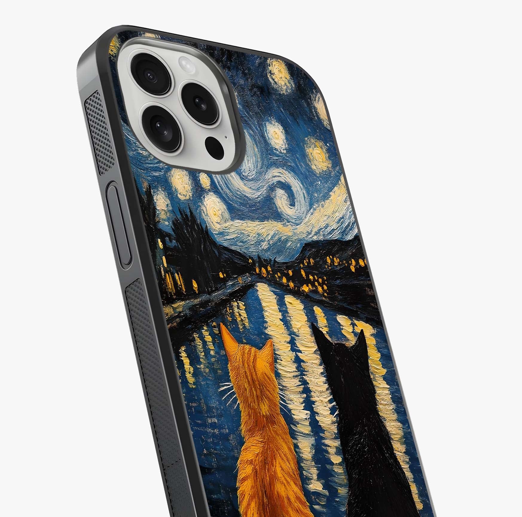 Starry River Cats Glass Case captured at a warm angle highlighting gloss, texture and premium glass finish.