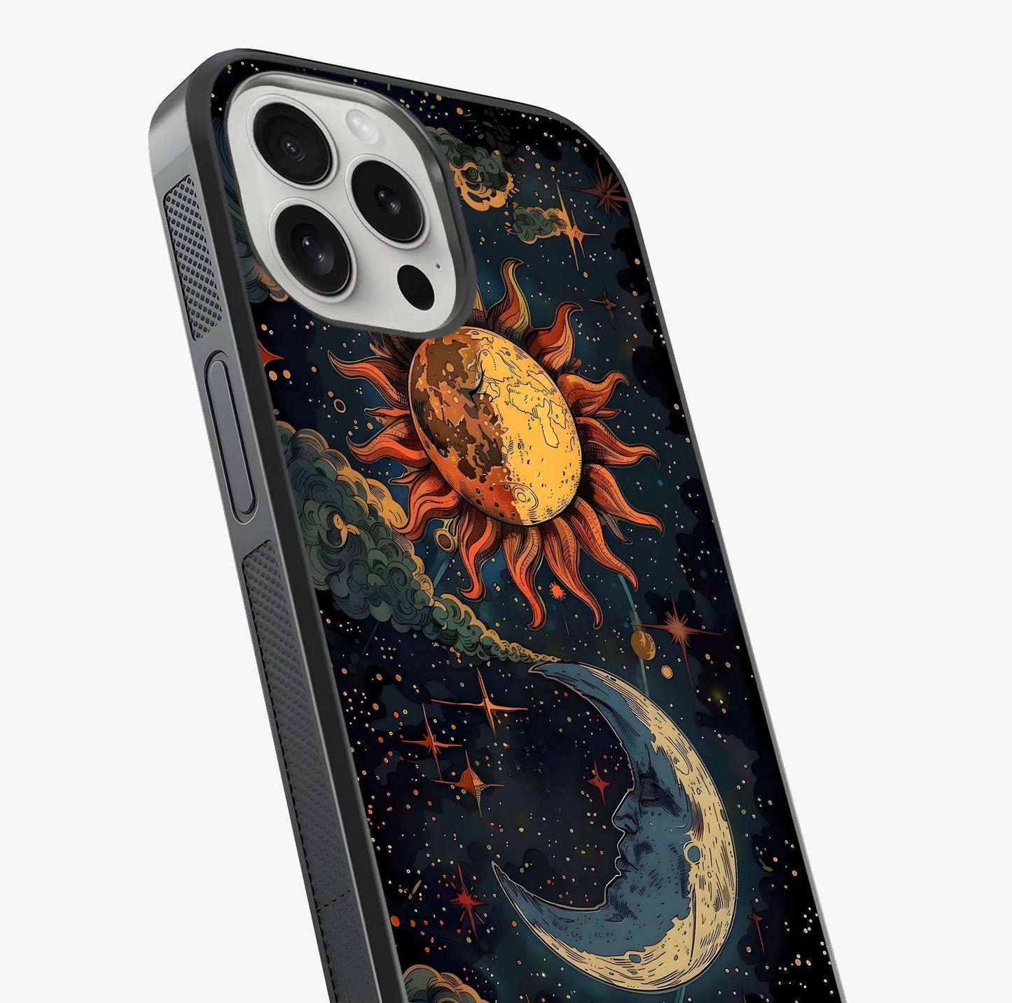 Sun And Moon Magic Design Glass Case captured at a warm angle highlighting gloss, texture and premium glass finish.