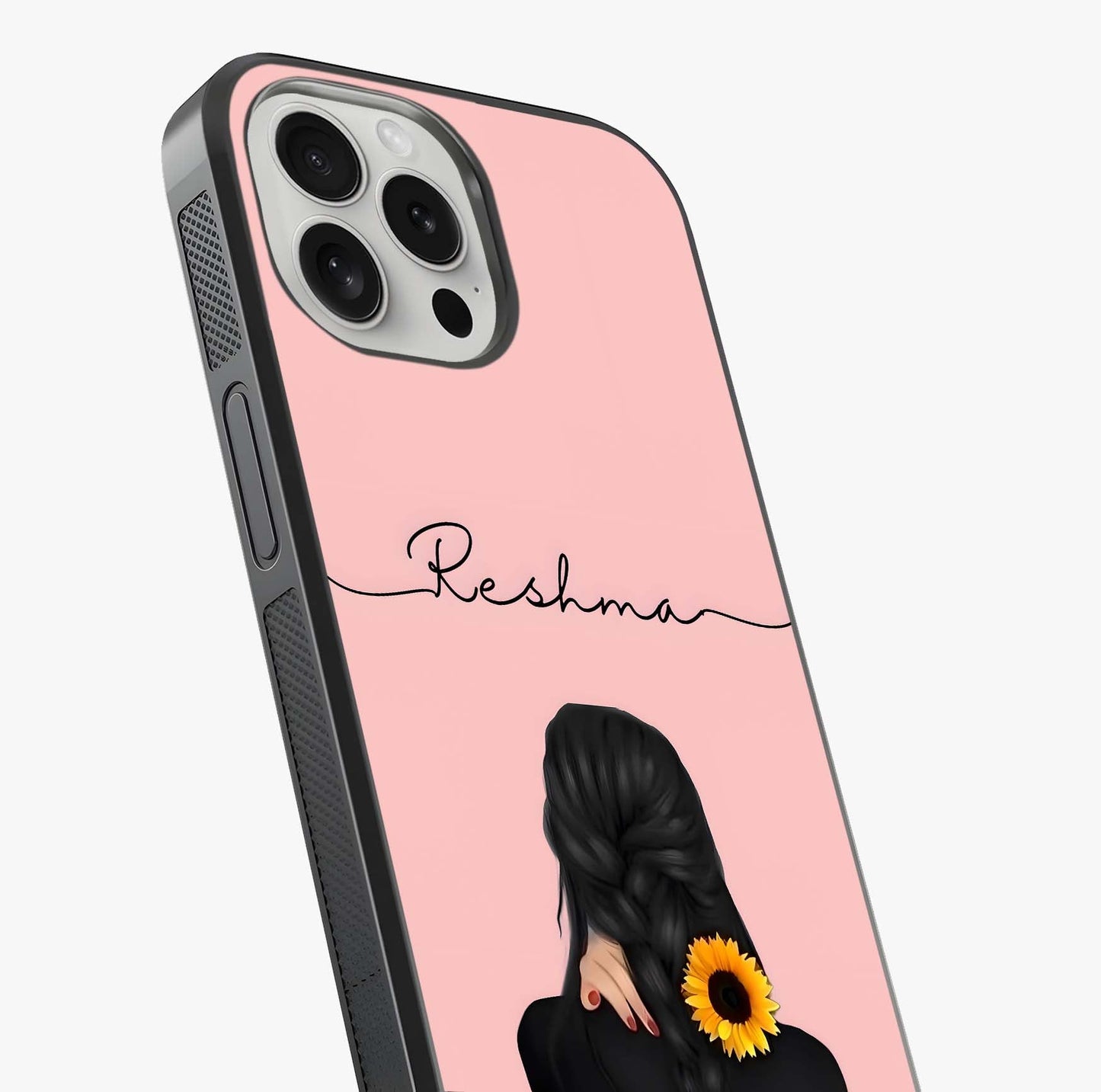 Sunflower Braid Beauty With Custom Name Glass Case captured at a warm angle highlighting gloss, texture and premium glass finish.