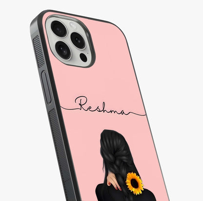 Sunflower Braid Beauty With Custom Name Glass Case captured at a warm angle highlighting gloss, texture and premium glass finish.