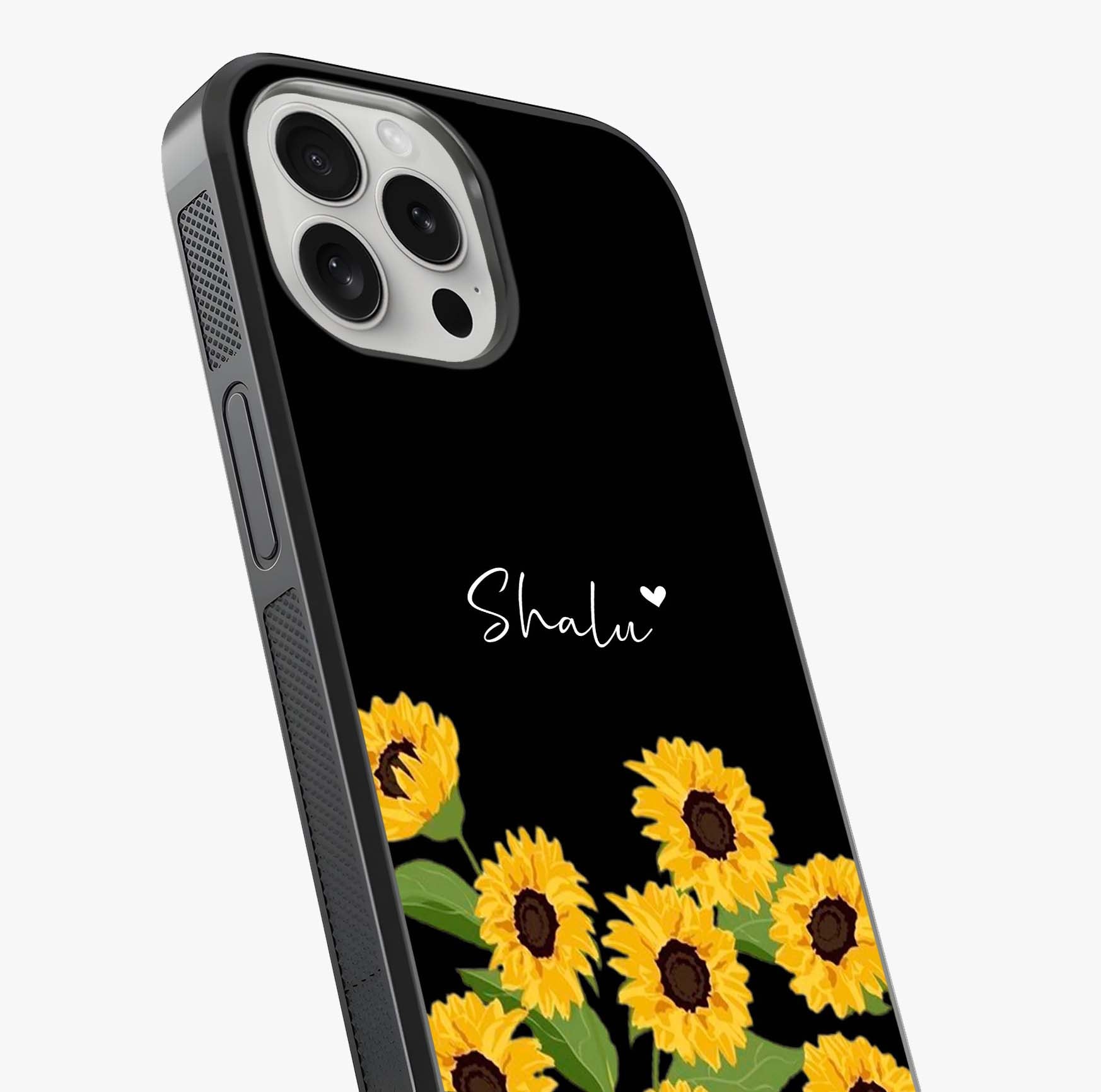 Sunflower Chic Mood Custom Name Glass Case captured at a warm angle highlighting gloss, texture and premium glass finish.