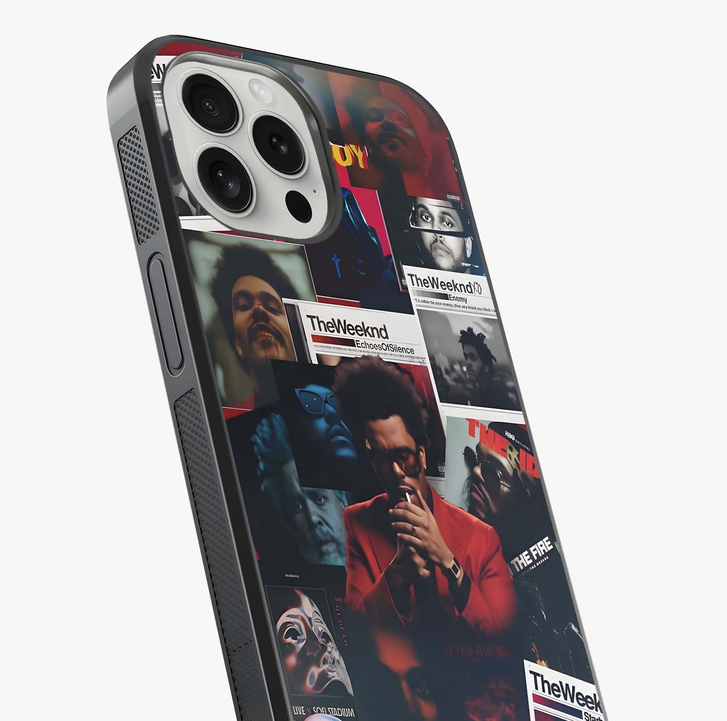 The Weeknd Glass Case captured at a warm angle highlighting gloss, texture and premium glass finish.
