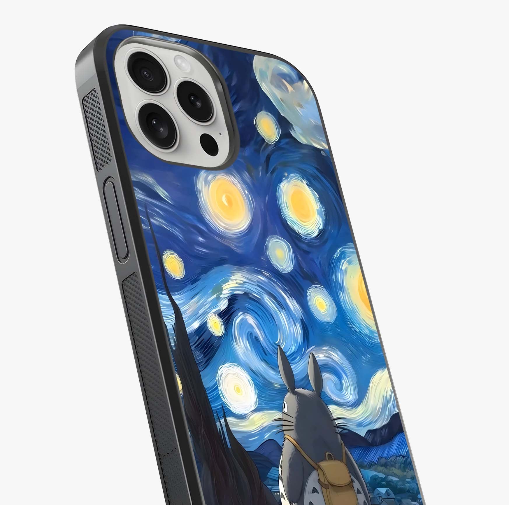 Totoro In Van Gogh Art Glass Case captured at a warm angle highlighting gloss, texture and premium glass finish.