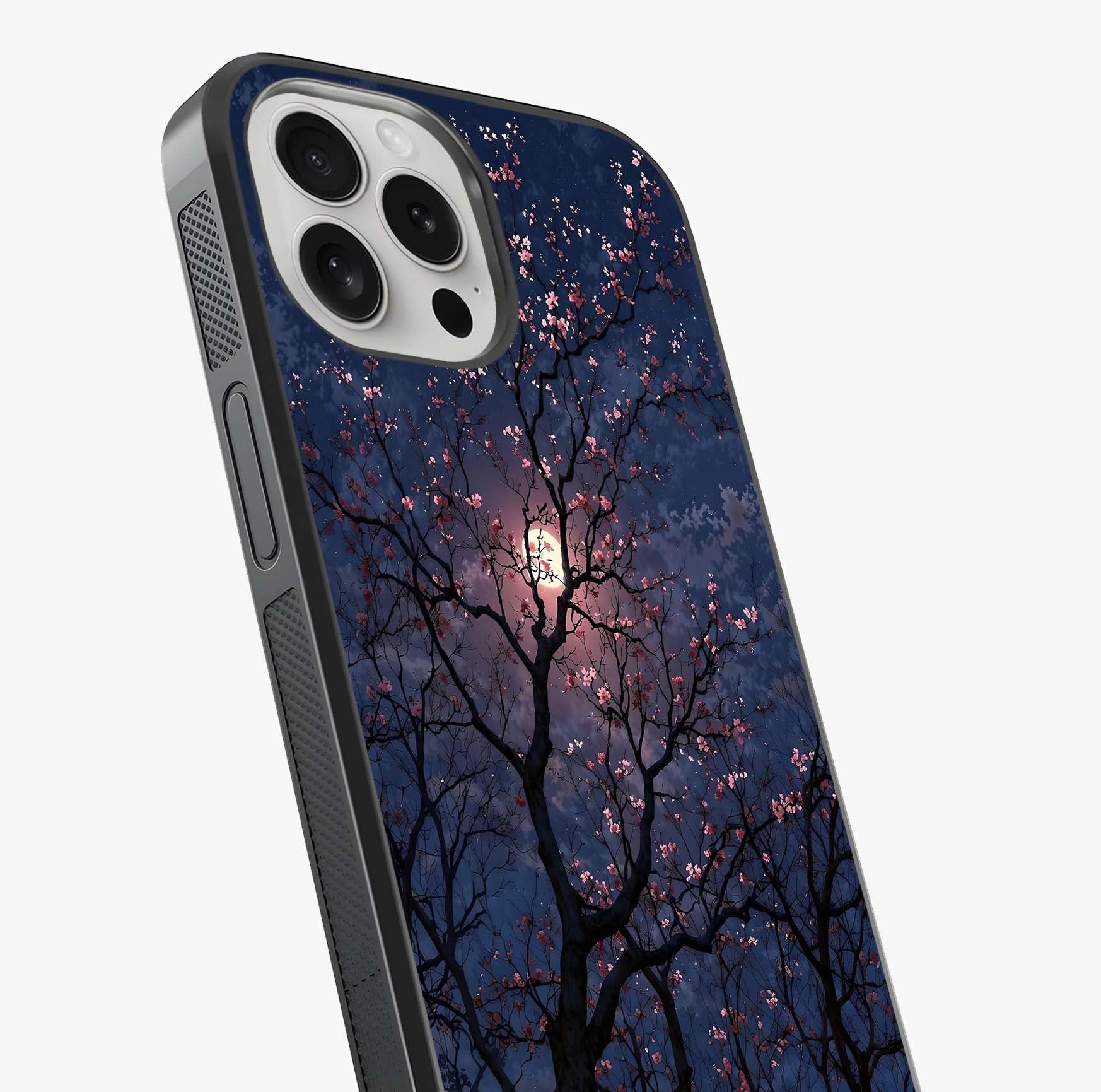Twilight Sakura Serenade Glass Case captured at a warm angle highlighting gloss, texture and premium glass finish.