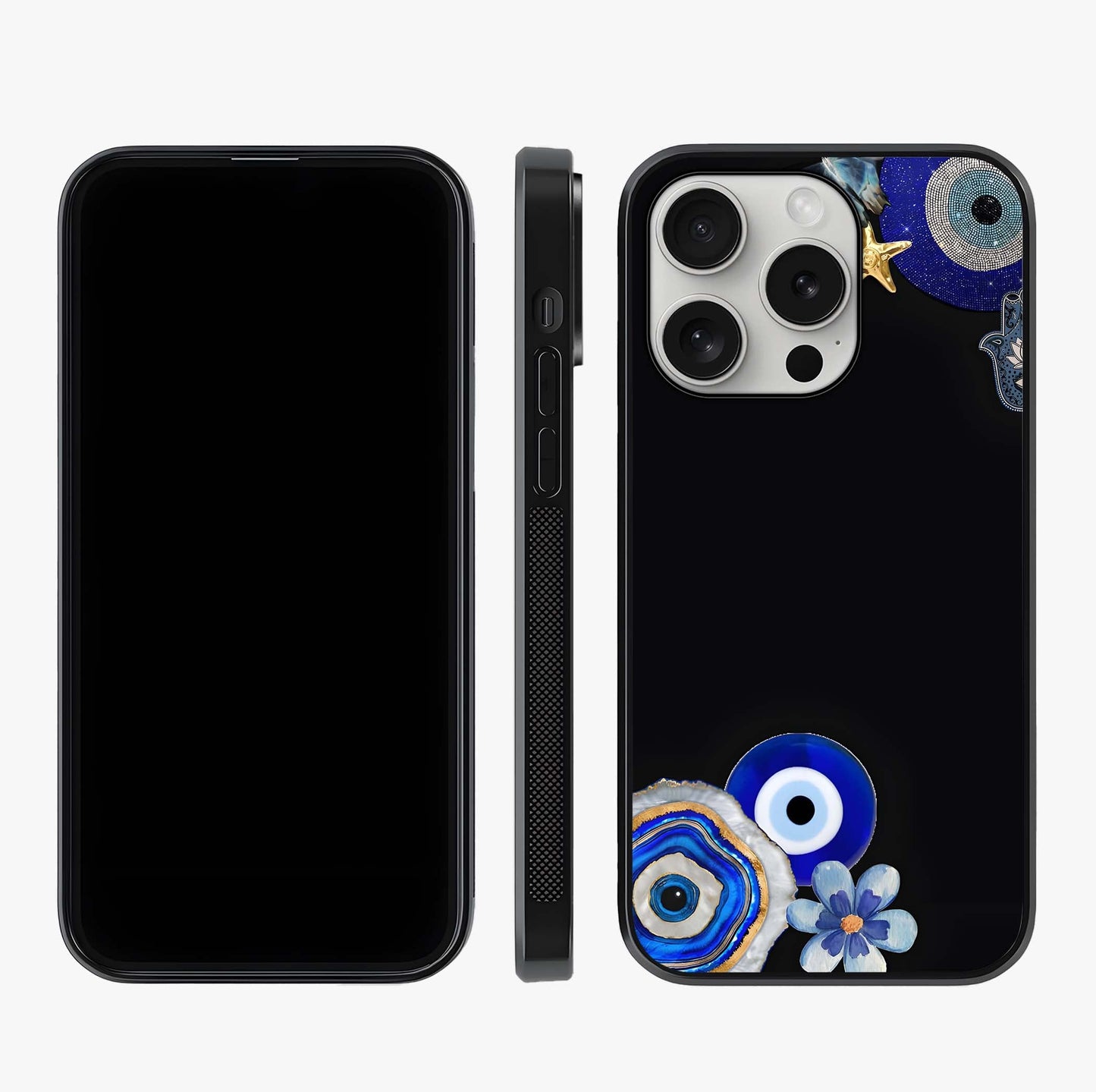 Aesthetic Blue Evil Eye Glass Case displayed upright for full design visibility and premium finish.