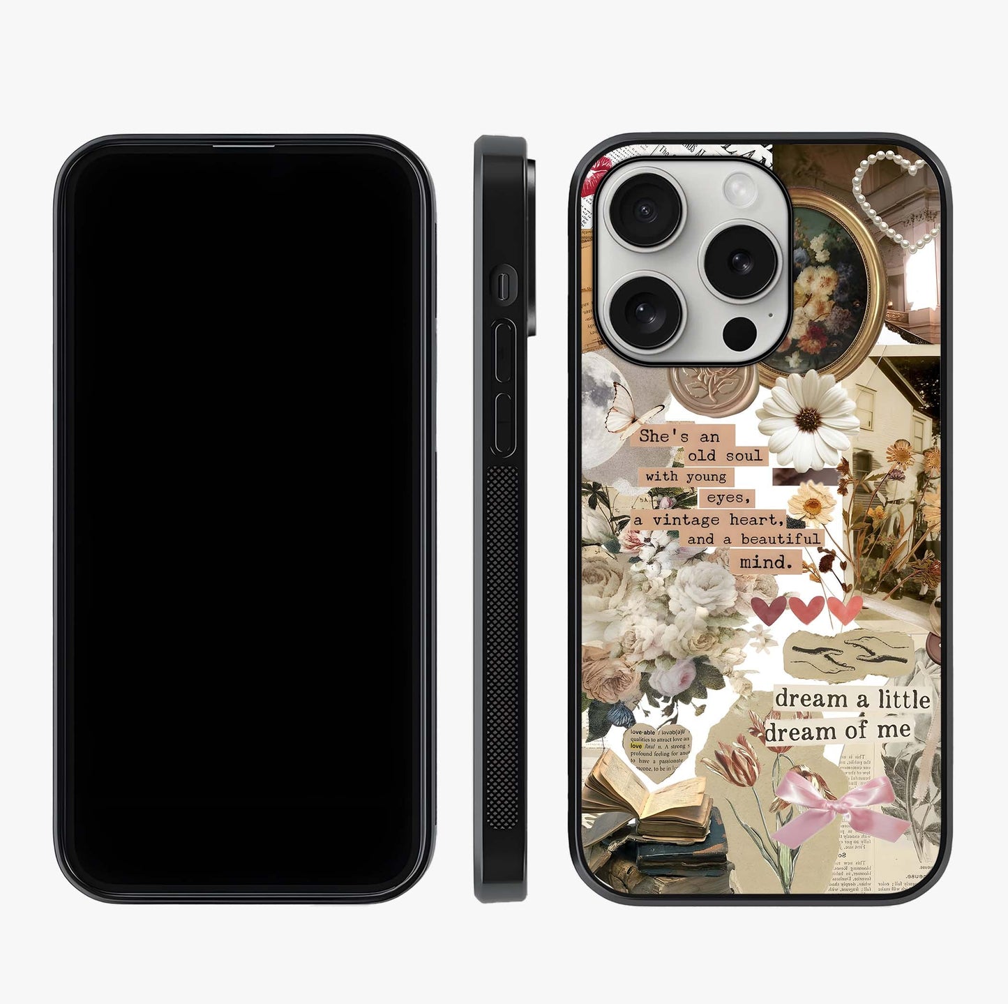 Aesthetic Brown Vintage Collage Glass Case displayed upright for full design visibility and premium finish.
