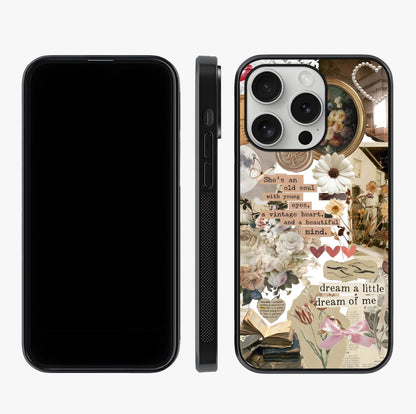 Aesthetic Brown Vintage Collage Glass Case displayed upright for full design visibility and premium finish.
