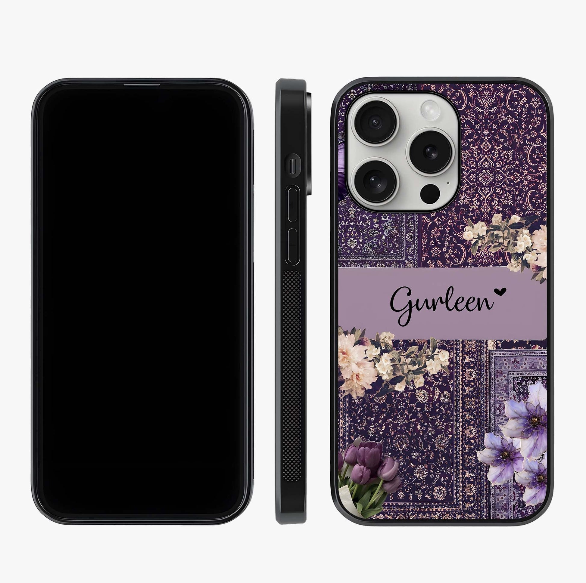 Antique Floral Whisper Custom Name Glass Case displayed upright for full design visibility and premium finish.