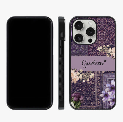 Antique Floral Whisper Custom Name Glass Case displayed upright for full design visibility and premium finish.